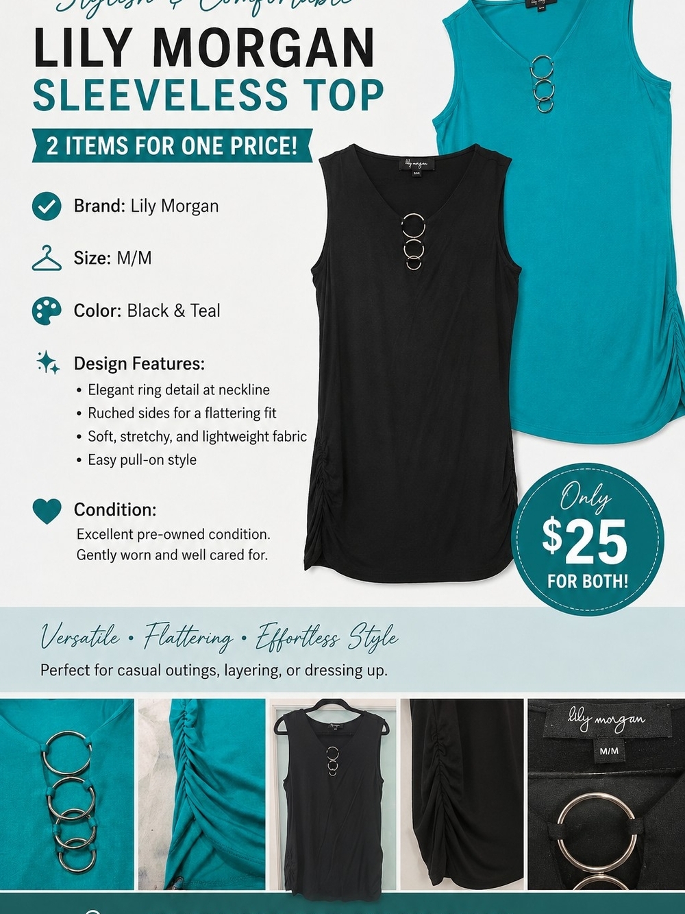Sleeveless Ring-Detail Top - Black & Teal